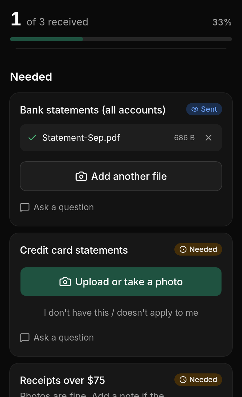 The client’s phone: progress at the top and an upload button on each item