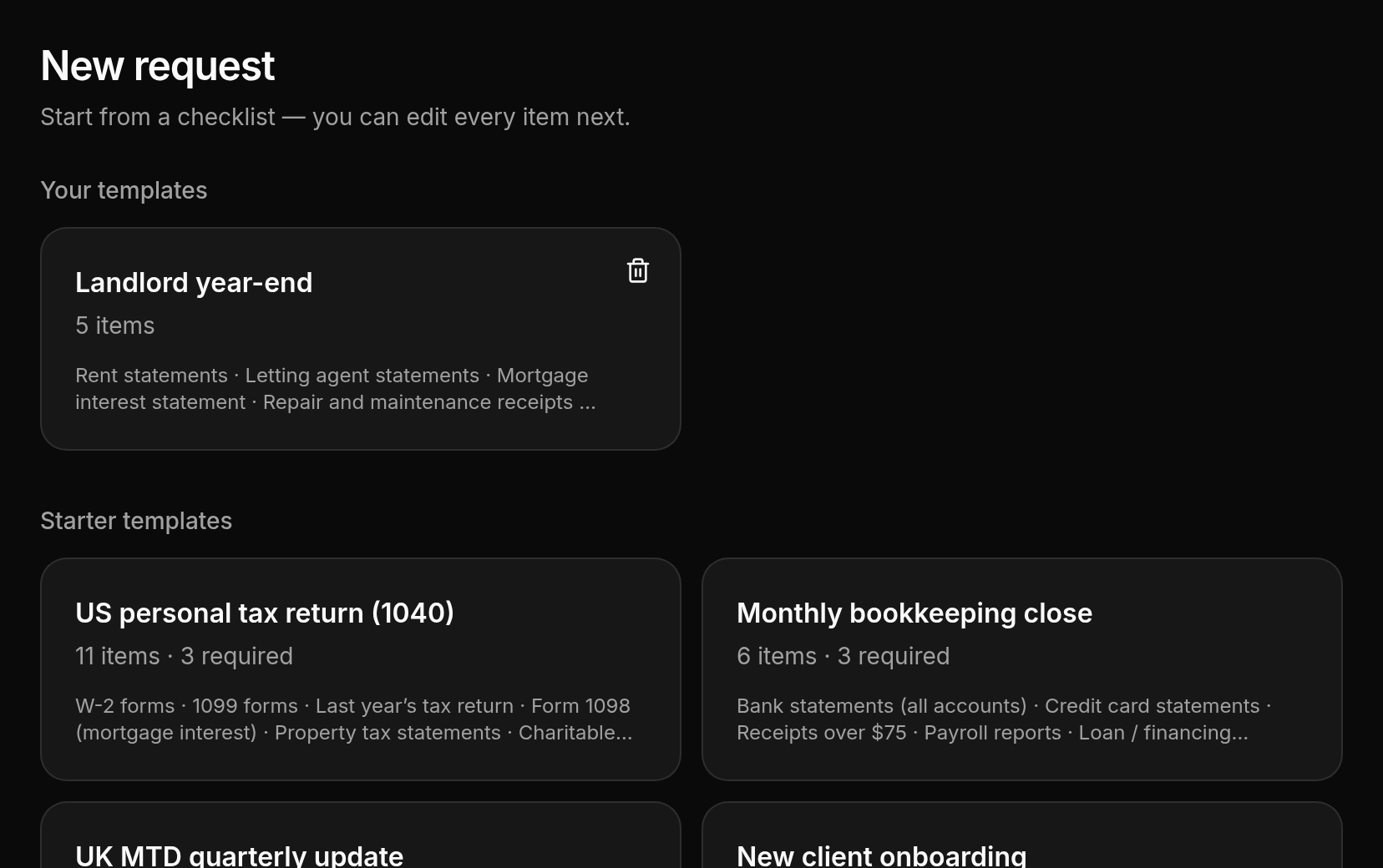 Choosing a checklist template for a new request