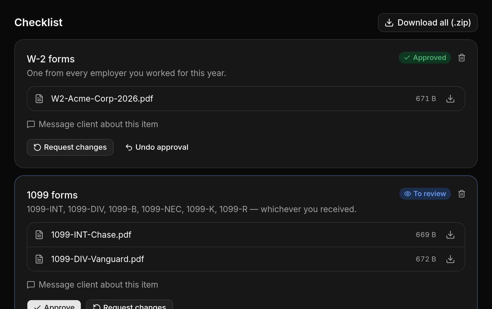 Reviewing uploaded files: approve, request changes or download all as a zip